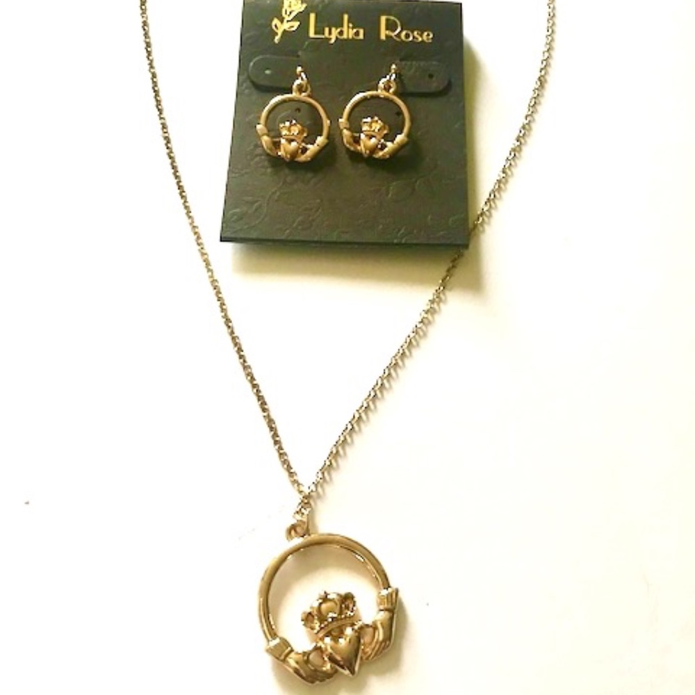 Claddagh Earrings & Necklace  Set , Goldtone NWOT